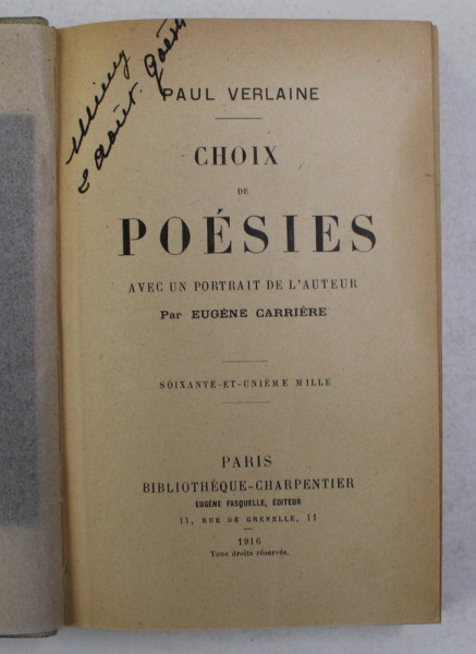 PAUL VERLAINE - CHOIX DE POESIES, avec un portrait de l ' auteur par EUGENE CARRIERE , 1916