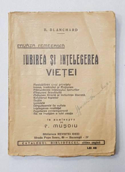 PAVAZA FEMEEASCA - IUBIREA SI INTELEGEREA VIETEI de B. BLANCHARD , EDITIE INTERBELICA