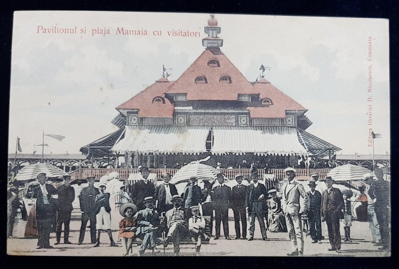 Pavilionul si plaja Mamaia cu visatori - CP Ilustrata