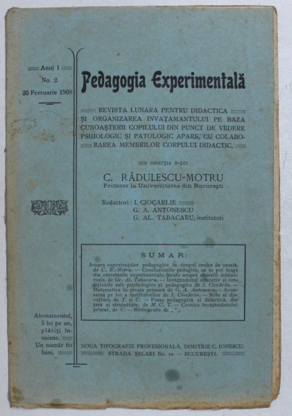 PEDAGOGIA EXPERIMENTALA , REVISTA LUNARA PENTRU DIDACTICA , ANUL I , NO. 2 , 20 FEVRUARIE 1908
