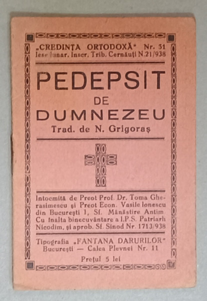 PEDEPSIT DE DUMNEZEU  de TOMA GHERASIMESCU si VASILE IONESCU , 1938