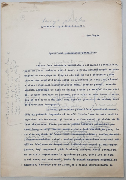 PEISAJE PETROLIFERE  de GEO BOGZA  -  MANUSCRIS DACTILOGRAFIAT CU CORECTURI OLOGRAFE ALE AUTORULUI , ADRESAT ZIARULUI   - VREMEA  -  DATAT 4  FEBRUARIE 1934