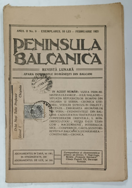 PENINSULA BALCANICA , REVISTA LUNARA , APARA INTERESELE ROMANESTI DIN BALCANI , NR. 9 , 1925