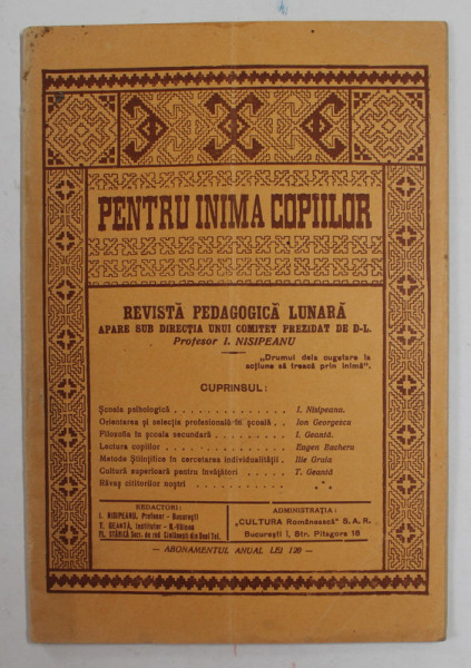 PENTRU INIMA COPIILOR - REVISTA PEDAGOGICA LUNARA , ANUL XII , NR. 5-6-7 , MAI - SEPTEMBRIE , 1937