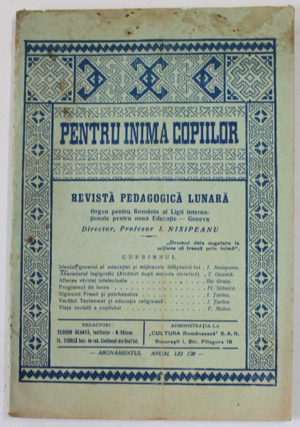 PENTRU INIMA COPIILOR , REVISTA PEDAGOGICA LUNARA , ANUL XIII , NO. 4 , 5, 6 , APRILIE - SEPTEMBRIE , 1938
