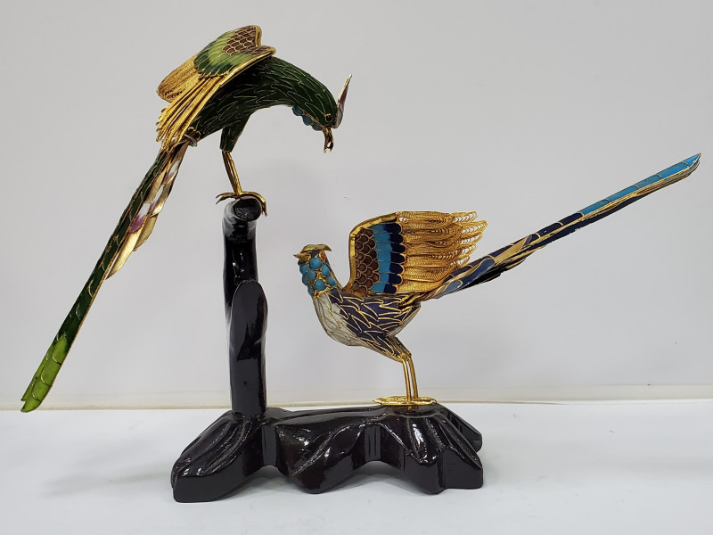 Pereche de pasari Bulbul, Cloisone, China Secol XX