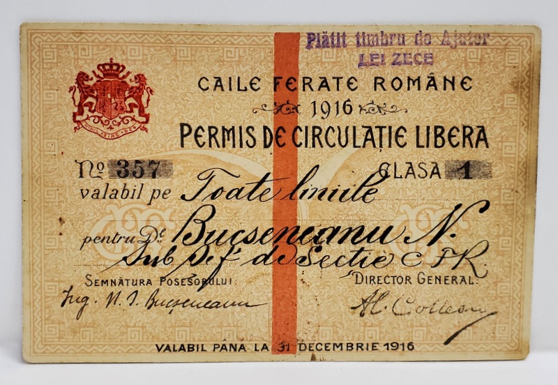 PERMIS DE CIRCULATIE LIBERA , EMIS DE C.F.R. , PE ANUL 1916