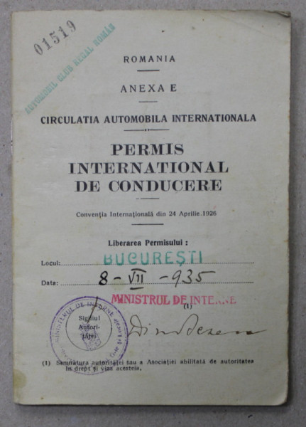 PERMIS INTERNATIONAL DE CONDUCERE , EMIS LA 8 IULIE 1935