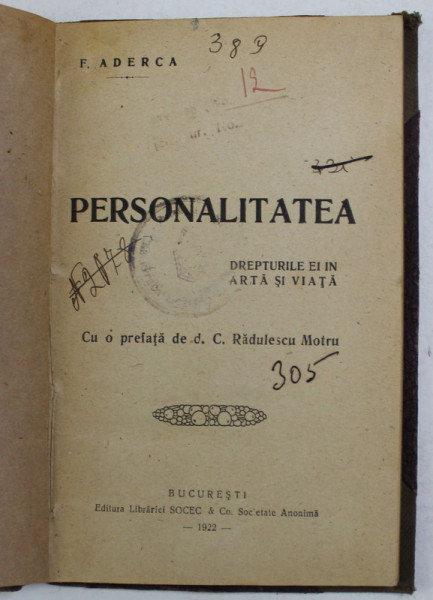 PERSONALITATEA - DREPTURILE EI IN ARTA SI VIATA de FELIX ADERCA , 1922