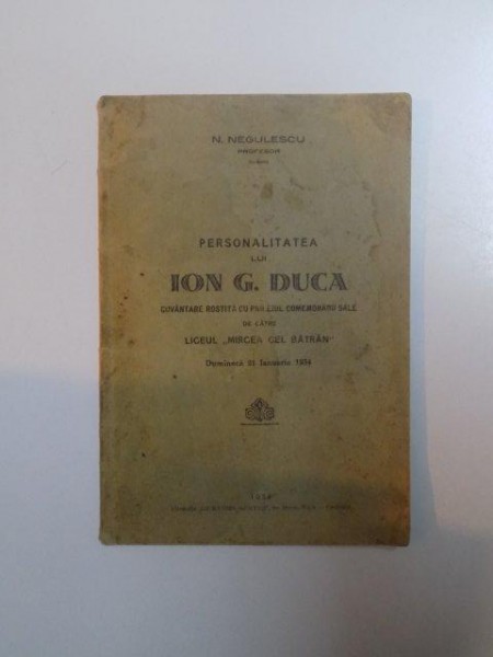 PERSONALITATEA LUI ION G. DUCA de N. NEGULESCU  1934