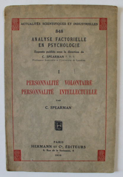 PERSONNALITE VOLONTAIRE et PERSONNALITE INTELLECTUELLE par C. SPEARMAN , 1939