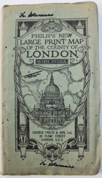 PHILIPS ' NEW LARGE PRINT MAP OF THE COUNTY OF LONDON  - WITH INDEX , EDITIE DE INCEPUT DE SECOL XX