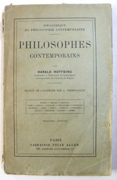 PHILOSOPHES CONTEMPORAINS par HARALD HOFFDING , 1924