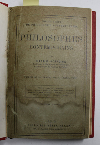 PHILOSOPHES CONTEMPORAINS par HARALD HOFFDING  /  LA LOGIQUE DES SENTIMENTS par TH. RIBOT , 1920 - 1924 , COLEGAT DE DOUA CARTI *