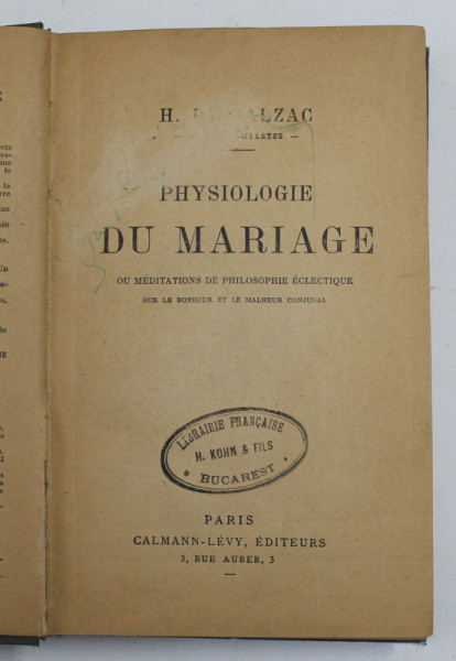 PHYSIOLOGIE DU MARIAGE OU MEDITATION DE PHILOSOPHIE ECLECTIQUE par H.DE BALZAC , 1924