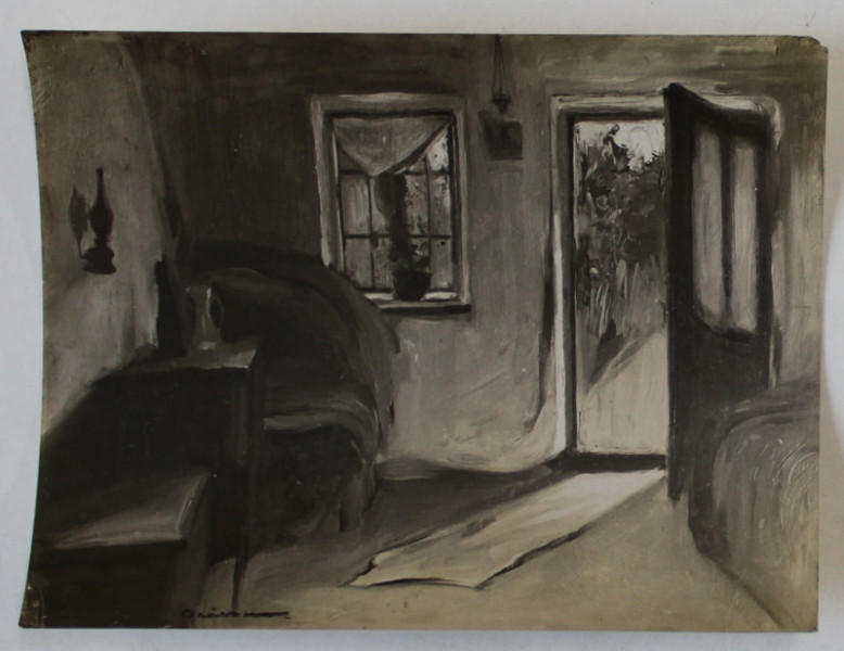 PICTOR DUMITRU BRAESCU ( 1886 -1947  ) , INTERIOR DE CASA TARANEASCA  , FOTOGRAFIE DUPA ORIGINAL , INTERBELICA