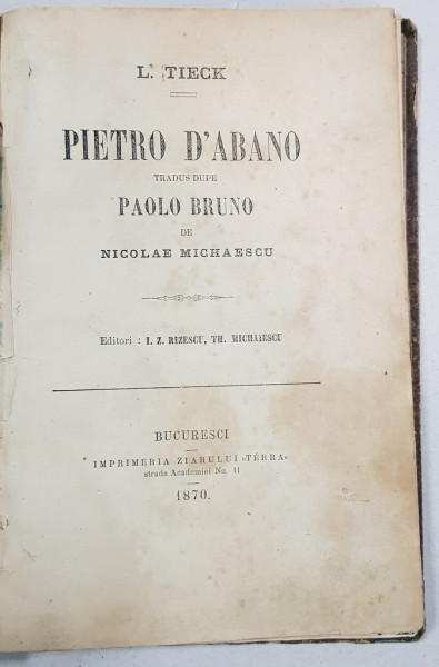 PIETRO D'ABANO tradus dupa PAOLO BRUNO de NICOLAE MICHAESCU - BUCURESTI, 1870