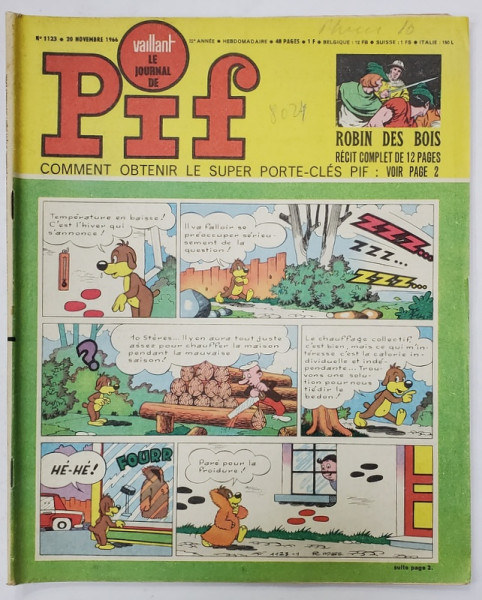 PIF , VAILLANT , REVISTA CU BENZI DESENATE , TEXT IN LIMBA FRANCEZA , No. 1123 , 1966