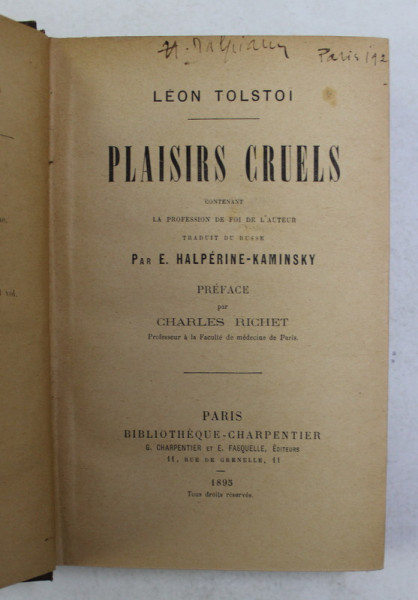 PLAISIRS CRUELS par LEON TOLSTOI , 1895