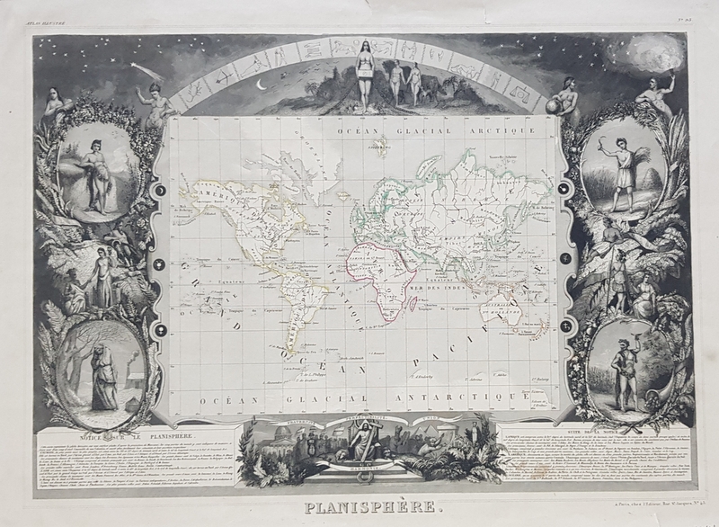 PLANISPHERE , HARTA LUMII , INCADRATA DE MEDALIOANE SI SEMNELE ZODIACALE , GRAVURA PE METAL , CONTURURILE CONTINENTELOR COLORATE , INCEPUT DE SECOL XIX