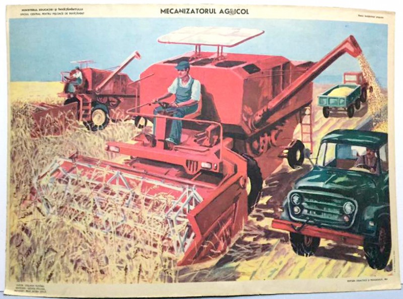 PLANSA PENTRU INVATAMANTUL PRESCOLAR " MECANIZATORUL AGRICOL " de STELIANA FUMAREL , GRAFICA : GEORGE MALUSEL , 1981