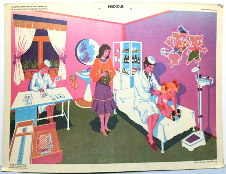 PLANSA PENTRU INVATAMANTUL PRESCOLAR " MEDICUL " de STELIANA FUMAREL , GRAFICA : MARINA CRAINIC , 1982