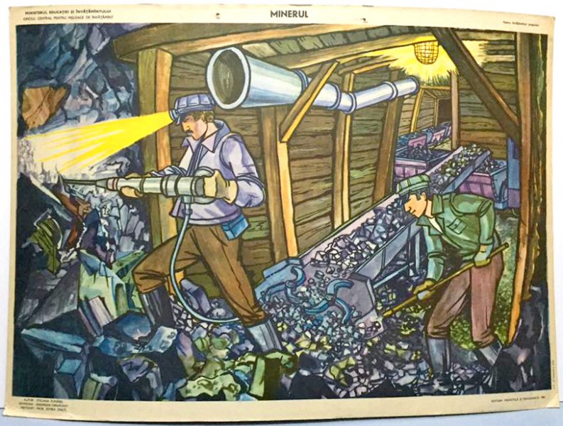 PLANSA PENTRU INVATAMANTUL PRESCOLAR " MINERUL " de STELIANA FUMAREL , GRAFICA : GHEORGHE CERNAIANU , 1981