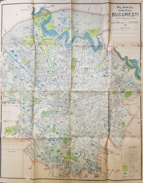 PLANUL MUNICIPIULUI BUCURESTI INTOCMIT DUPA DATE OFICIALE SI INDICATORUL STRAZILOR  de ULISSE SIMBOTEANU si M.D MOLDOVEANU , scara 1 / 15.000 , 1947