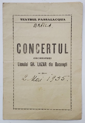 PLIANT CU PROGRAMUL CONCERTULUI LICEULUI '' GHEORGHE LAZAR '' DIN BUCURESTI  LA TEATRUL PASSALACQUA , 1935