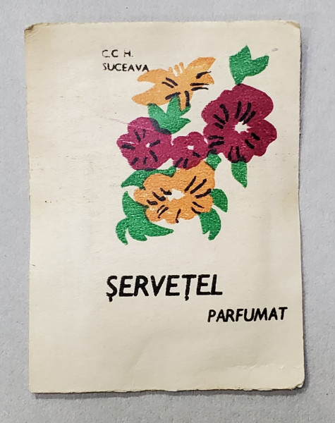 PLIC CU SERVETEL PARFUMAT IMPREGNAT CU APA DE COLONIE  , IMPRIMAT CU MODEL FLORAL  ,  PRODUS 1976