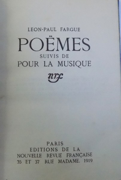 POEMES suivis de  POUR LA MUSIQUE par LEON  - PAUL FARGUE , 1919