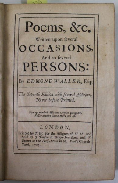 POEMS , written upon severals occasions ...by EDMOND WALLER , COLIGAT DE DOUA  VOLUME 1705