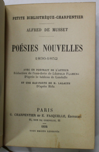 POESIES NOUVELLES par ALFRED DE MUSSET , 1936- 1852 , APARUTA 1894