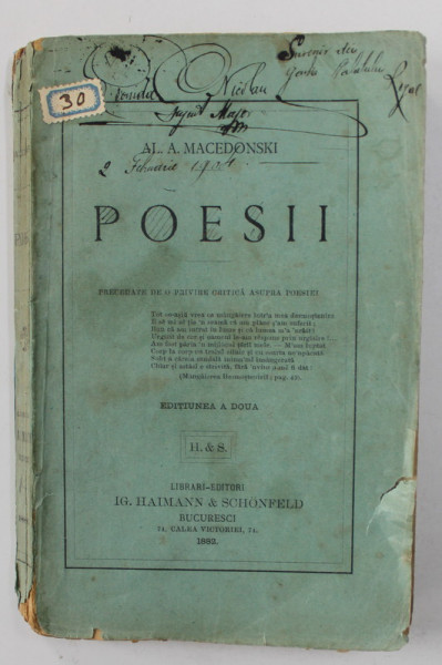 POESII de AL. A. MACEDONSKI, EDITIUNEA A DOUA - BUCURESTI, 1882