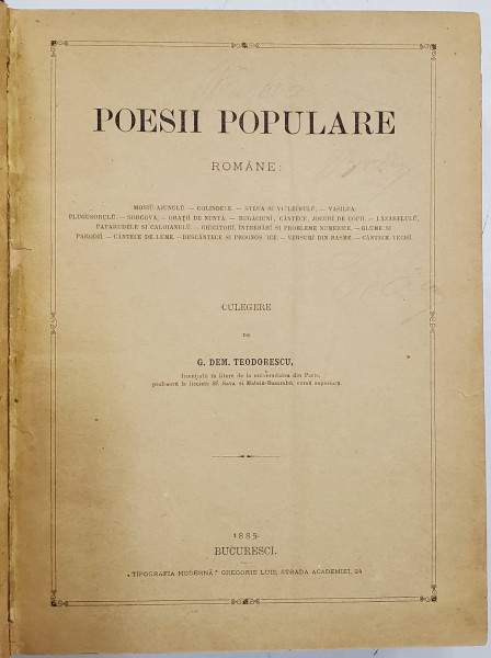 POESII POPULARE ROMANE de G. DEM. TEODORESCU , 1885