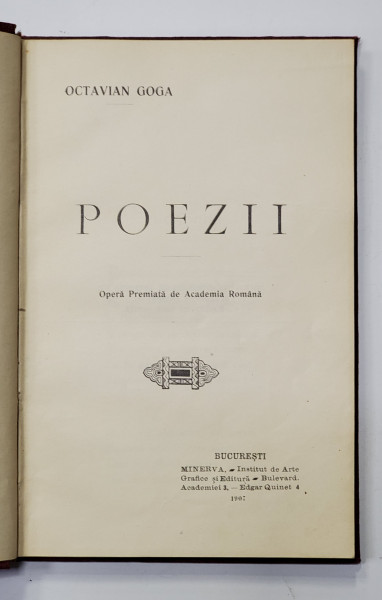 POEZII de OCTAVIAN GOGA - BUCURESTI,  1907