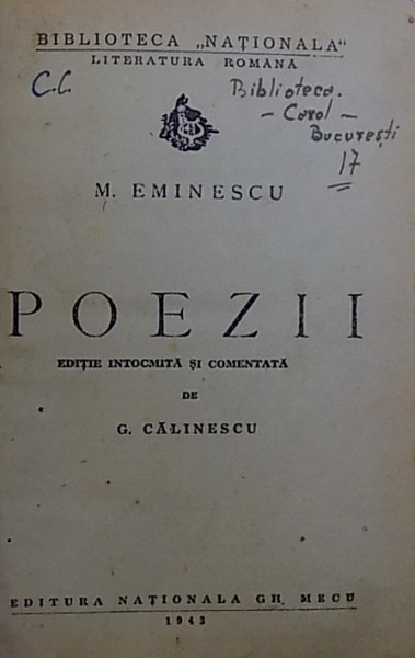 POEZII. EDITIE INTOCMITA SI COMENTATA DE G. CALINESCU de M. EMINESCU  1943