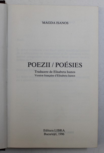 POEZII / POESIES de MAGDA ISANOS , EDITIE BILINGVA ROMANA - FRANCEZA , 1996