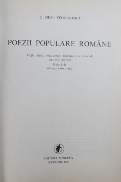 POEZII POPULARE ROMANE de G.DEM.TEODORESCU  1982