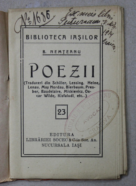 POEZII - traduceri de B. NEMTEANU , COLECTIA  ' BIBLIOTECA IASILOR ' , 1914
