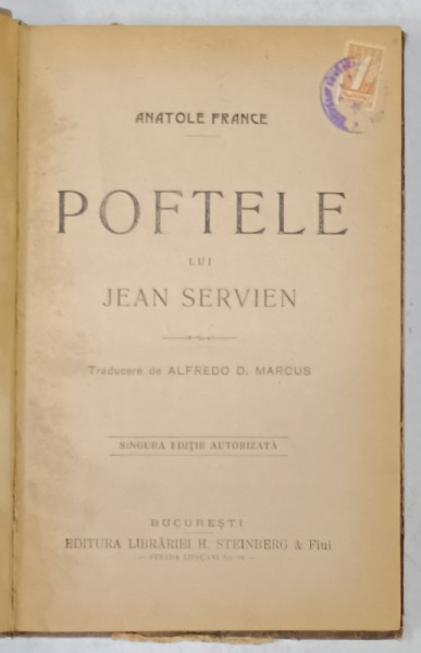 POFTELE LUI JEAN SERVIEN de ANATOLE FRANCE , EDITIE INTERBELICA