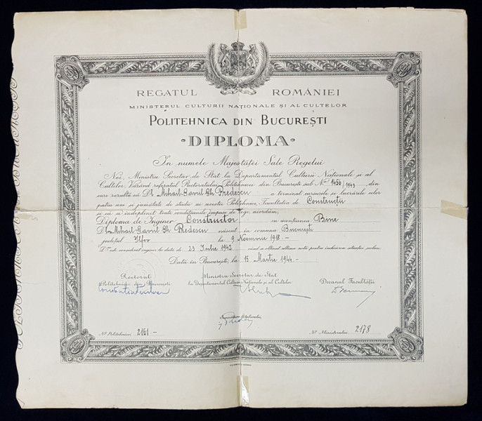 POLITEHNICA DIN BUCURESTI , DIPLOMA DE ABSOLVENT , MARTIE 1944