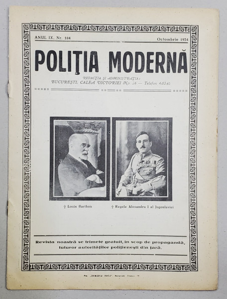 POLITIA MODERNA , REVISTA LUNARA DE SPECIALITATE , LITERATURA SI STIINTA , ANUL IX  , NR. 104  ,  OCTOMBRIE , 1934