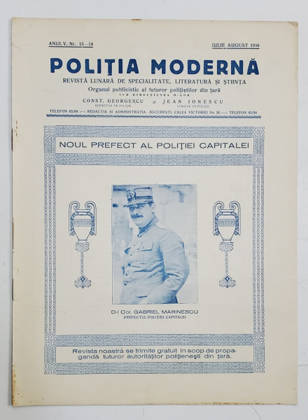 POLITIA MODERNA , REVISTA LUNARA DE SPECIALITATE , LITERATURA SI STIINTA , ANUL V , NR. 53-54, IULIE - AUGUST , 1930