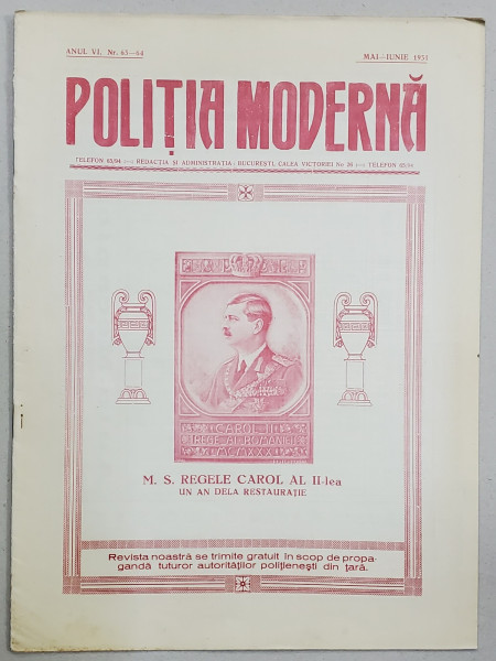 POLITIA MODERNA , REVISTA LUNARA DE SPECIALITATE , LITERATURA SI STIINTA , ANUL VI  , NR. 63- 64  ,  MAI - IUNIE , 1931