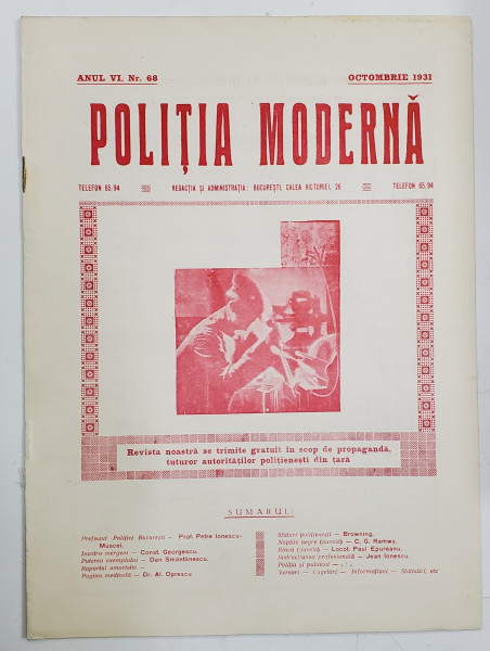 POLITIA MODERNA , REVISTA LUNARA DE SPECIALITATE , LITERATURA SI STIINTA , ANUL VI , NR.68  , OCTOMBRIE , 1931