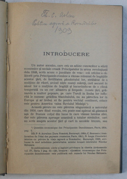 POLITICA AGRARA A ROMANIEI de TH. C. ASLAN , 1909 *LIPSA PAGINA DE TITLU