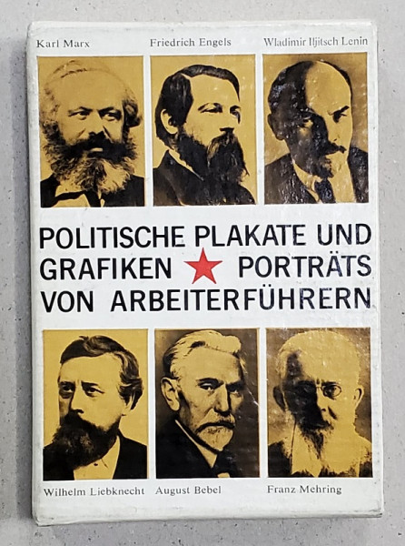 POLITISCHE PLAKATE UND GRAFIKEN - PORTRATS VON ARBEITERFUHRERN ( AFIS POLITIC SI GRAFICA ) , TEXT IN LIMBA GERMANA , 1974 , CARTE DE FORMAT MIC, CU ETUI DIN CARTON *