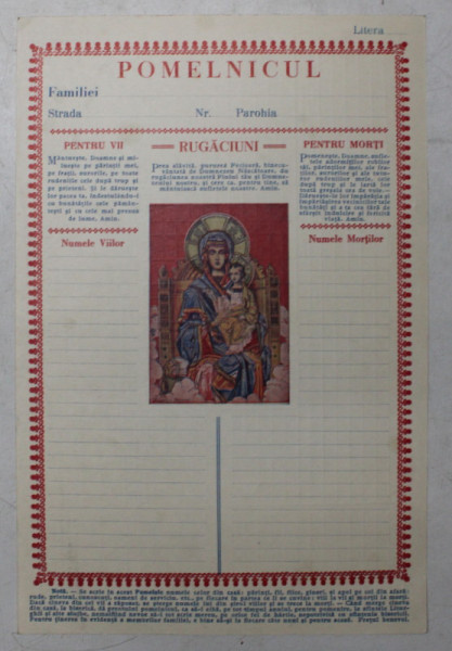 POMELNICUL FAMILIEI - TIPIZAT COLOR PENTRU POMENIREA VIILOR SI MORTILOR LA BISERICA , EDITIE INTERBELICA