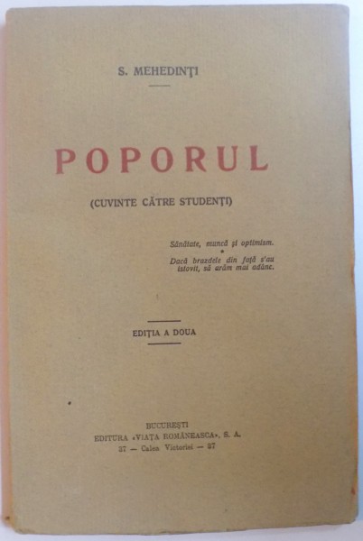POPORUL (CUVINTE CATRE STUDENTI) de S. MEHEDINTI, EDITIA A DOUA 1930